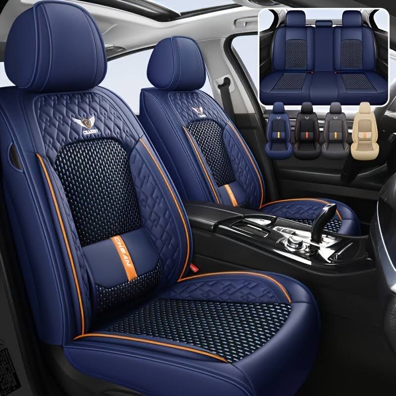 Housse de Siège Auto en Cuir Universelle - Ensemble Complet pour 5 Sièges -, Housse siège voiture, Housse siege voiture, Housse de voiture 5 places,(Bleu/Orange)
