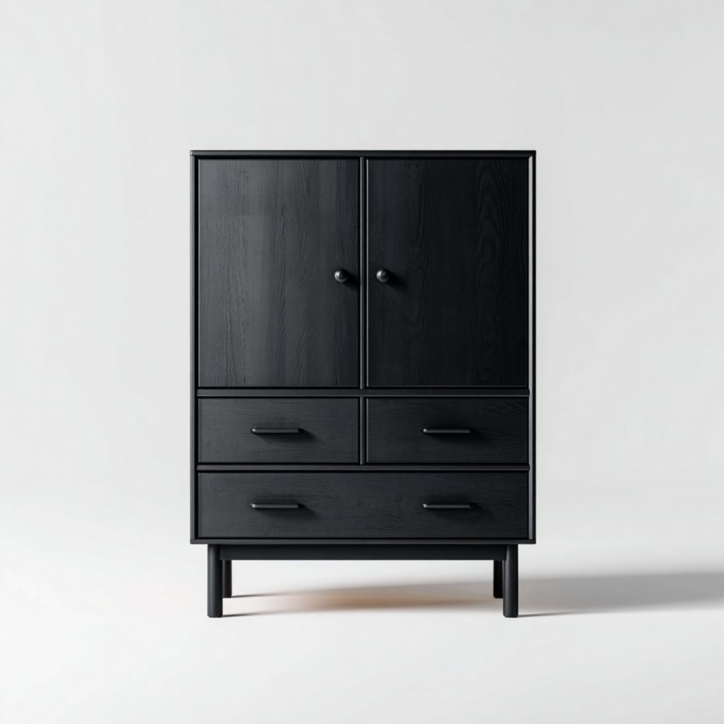 Schwarz lackierter Wohnzimmerschrank mit zwei Türen und Schubladen aus Holz-80 x 40 x 120