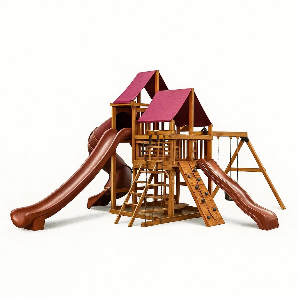 Aire de jeux en bois avec toboggans et balançoire(Marron/Rouge)