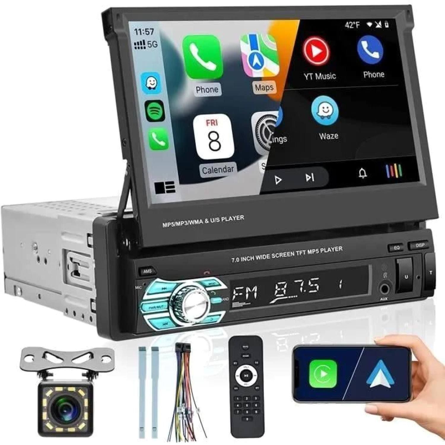 prumya Autoradio 1 Din Carplay GPS 7'' Tactile Bluetooth FM USB AUX Caméra(Noir/Argent)