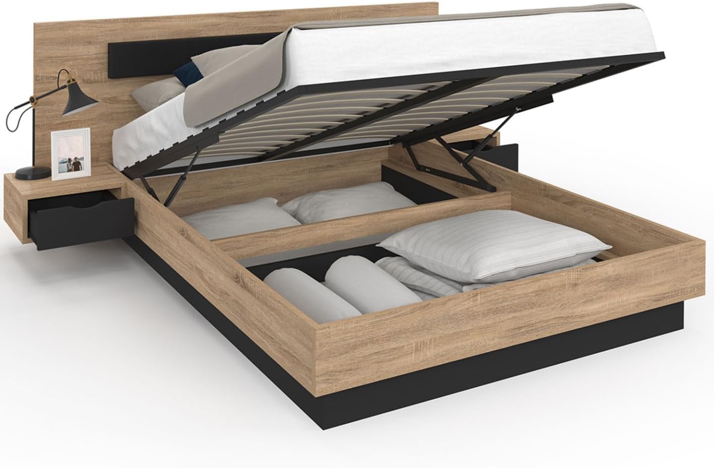 - Lit Coffre Santa avec Tables de chevets intégrées et sommier 140x190cm Couleur Bois et Noir(Brown)