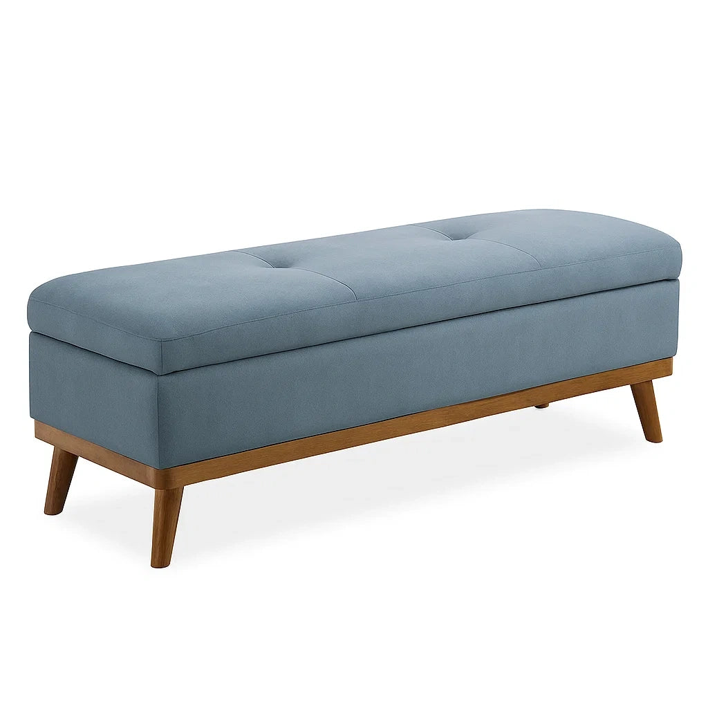 Banc de rangement en tissu bleu avec pieds en bois(Bleu)