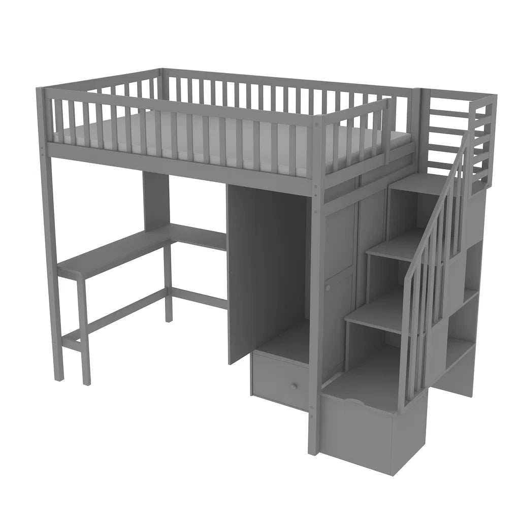 Lit mezzanine en bois de pin gris avec bureau et rangement(Gris)