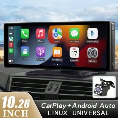 Lecteur multimédia de voiture 26,06 cm (10,26 pouces) avec Carplay Sans fil et Android Auto Sans fil, moniteur de voiture portable universel avec(Noir)