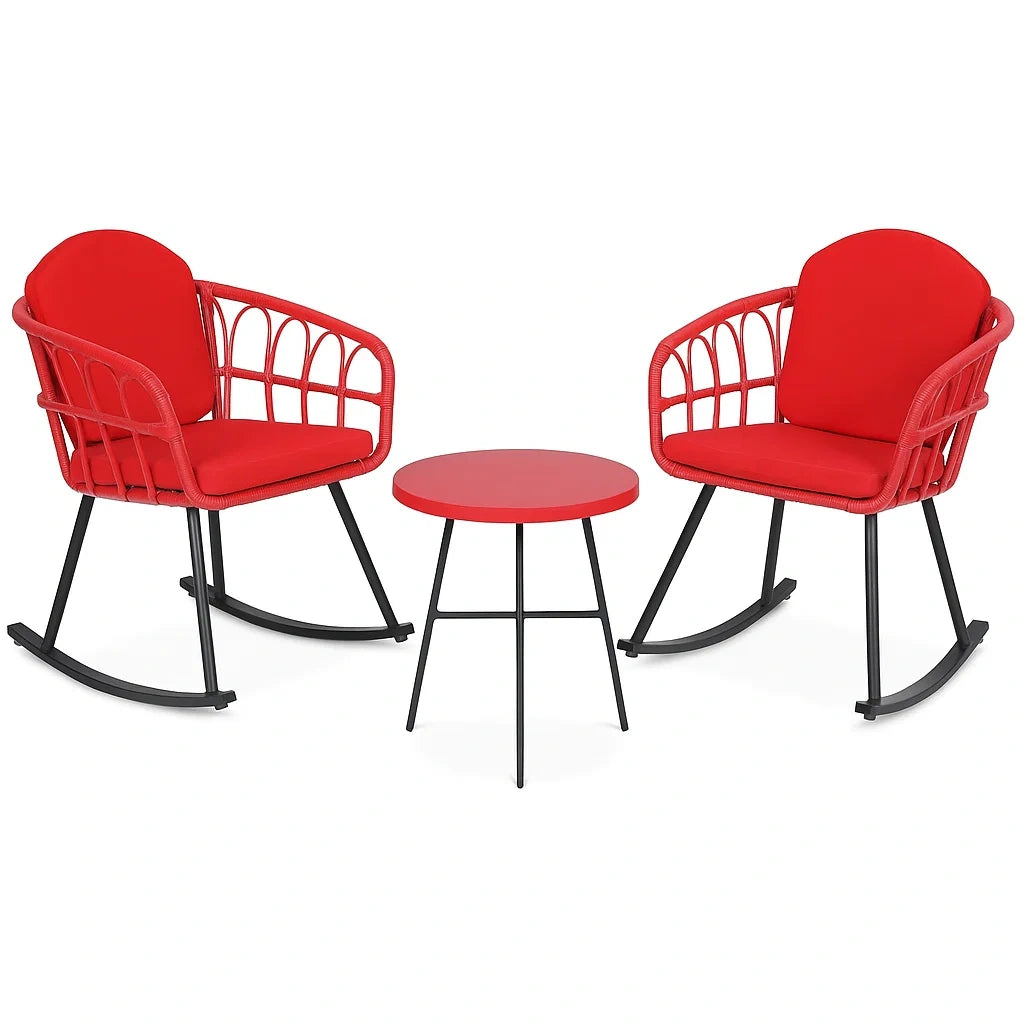 Ensemble de mobilier de jardin avec deux chaises à bascule et table basse en métal rouge(Rouge)
