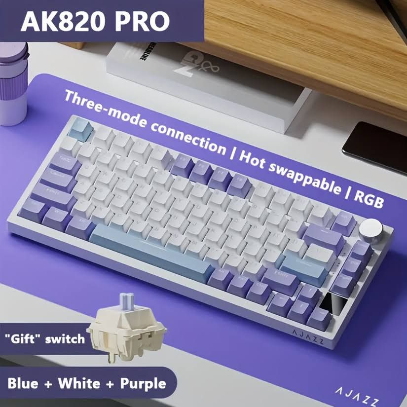 AJAZZ AK820 PRO Clavier Mécanique Sans Fil 75 % Configuration - Trois Modes - Touches PBT -, Keyboard, Clavier bluetooth, Clavier gaming mécanique,(Bleu/Blanc/Violet)