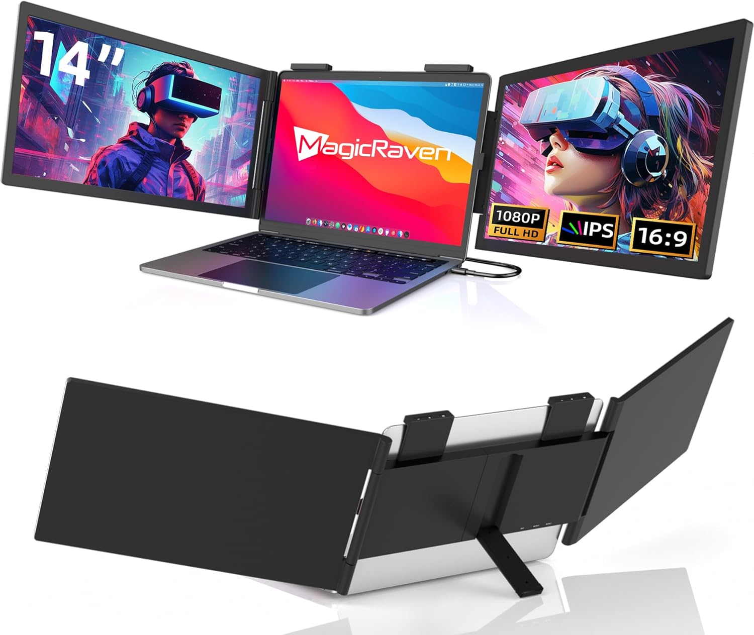 Moniteur pour Ordinateur Portable 14 FHD 1080P IPS, Triple Écran Portatif USB C, Extension Écran pour Ordinateur Portable 14-16 Compatible avec Mac, Windows, Chrome, Switch, PS45(Noir)