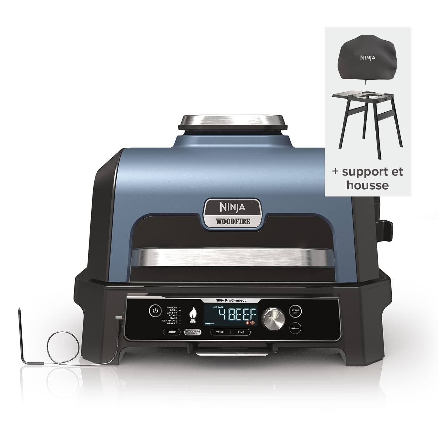 Barbecue électrique et fumoir Ninja Woodfire Pro Connect XL avec Support et Housse(Bleu/Noir)