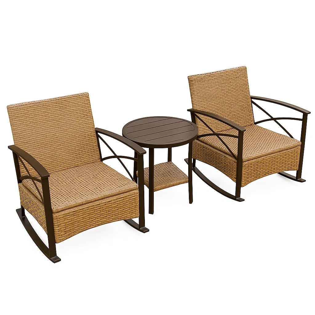 Ensemble de mobilier de jardin avec fauteuils à bascule en rotin et table ronde en métal(Marron/Naturel)