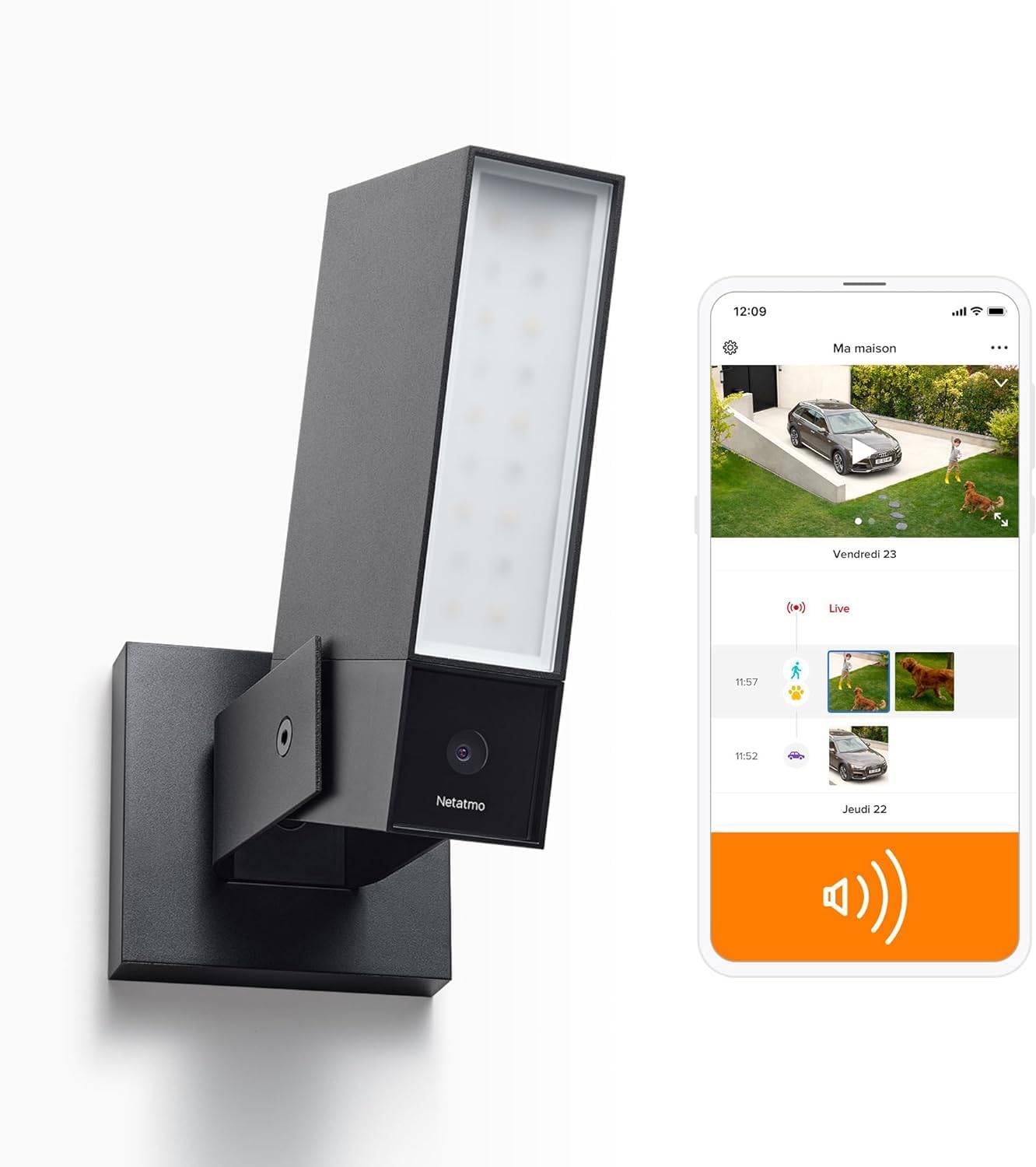 Netatmo Caméra de Surveillance Extérieure Intelligente avec Sirène 105dB, WiFi, Eclairage Intégré 12W, Détection des Mouvements, Vision Nocturne, Vidéo HD, Stockage Local, Aucun Abonnement, NOC-S-AMZ(Noire)