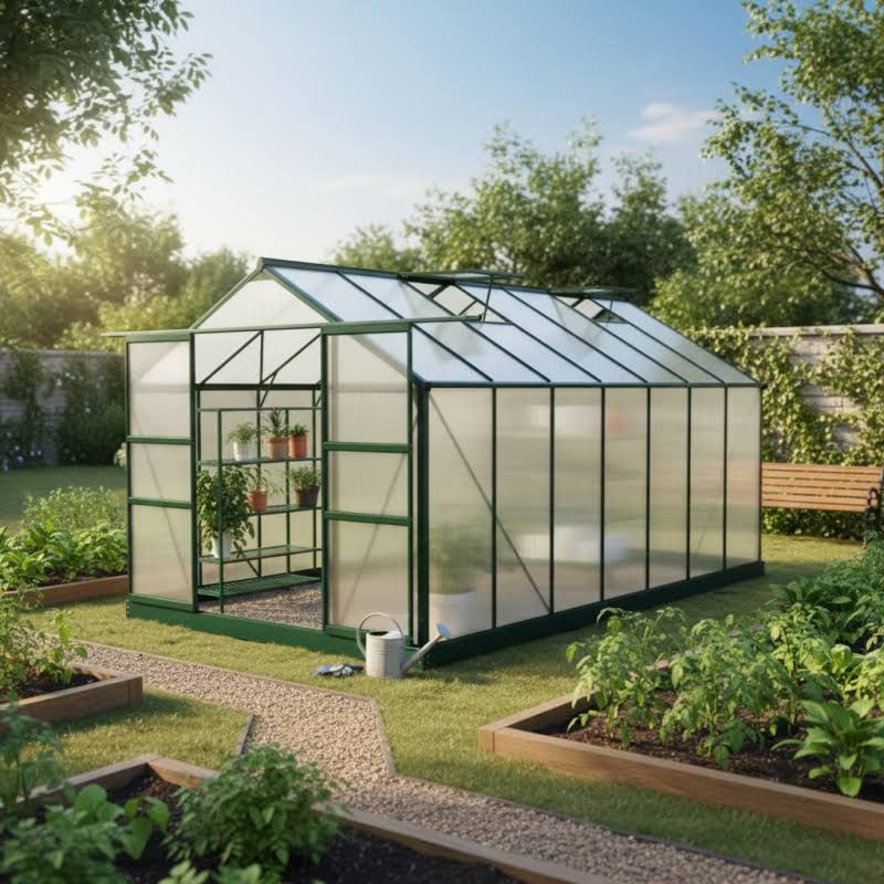 Gewächshaus 13,2m² grün Doppelstegplatten aus Polycarbonat 4mm + Fundament Green Protect(Vert)