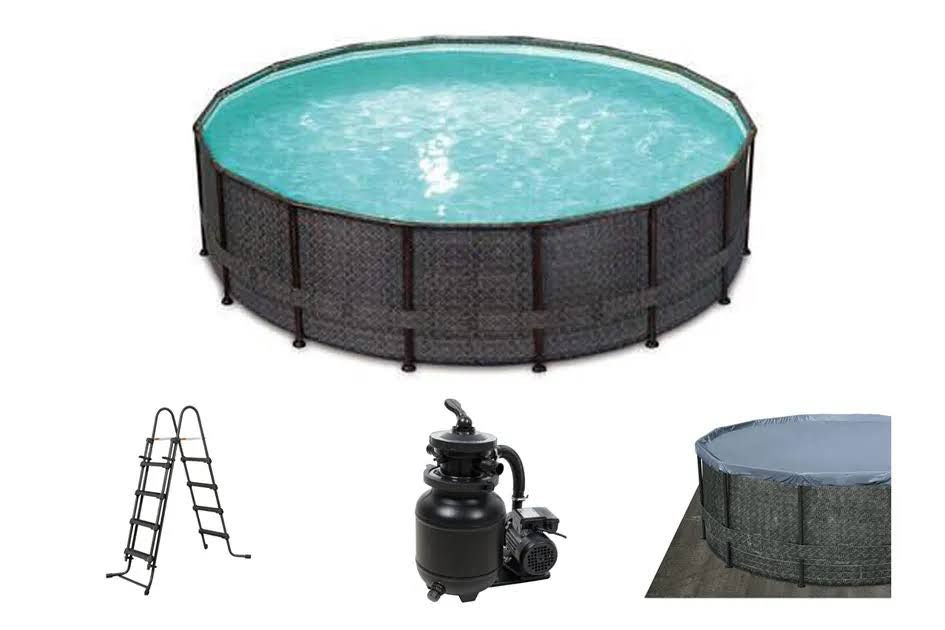 Framepool Rund ? 4,57 x 1,22 M Rattanimitation mit Sandfilter 4,5 m³ H(Noir/Bleu)