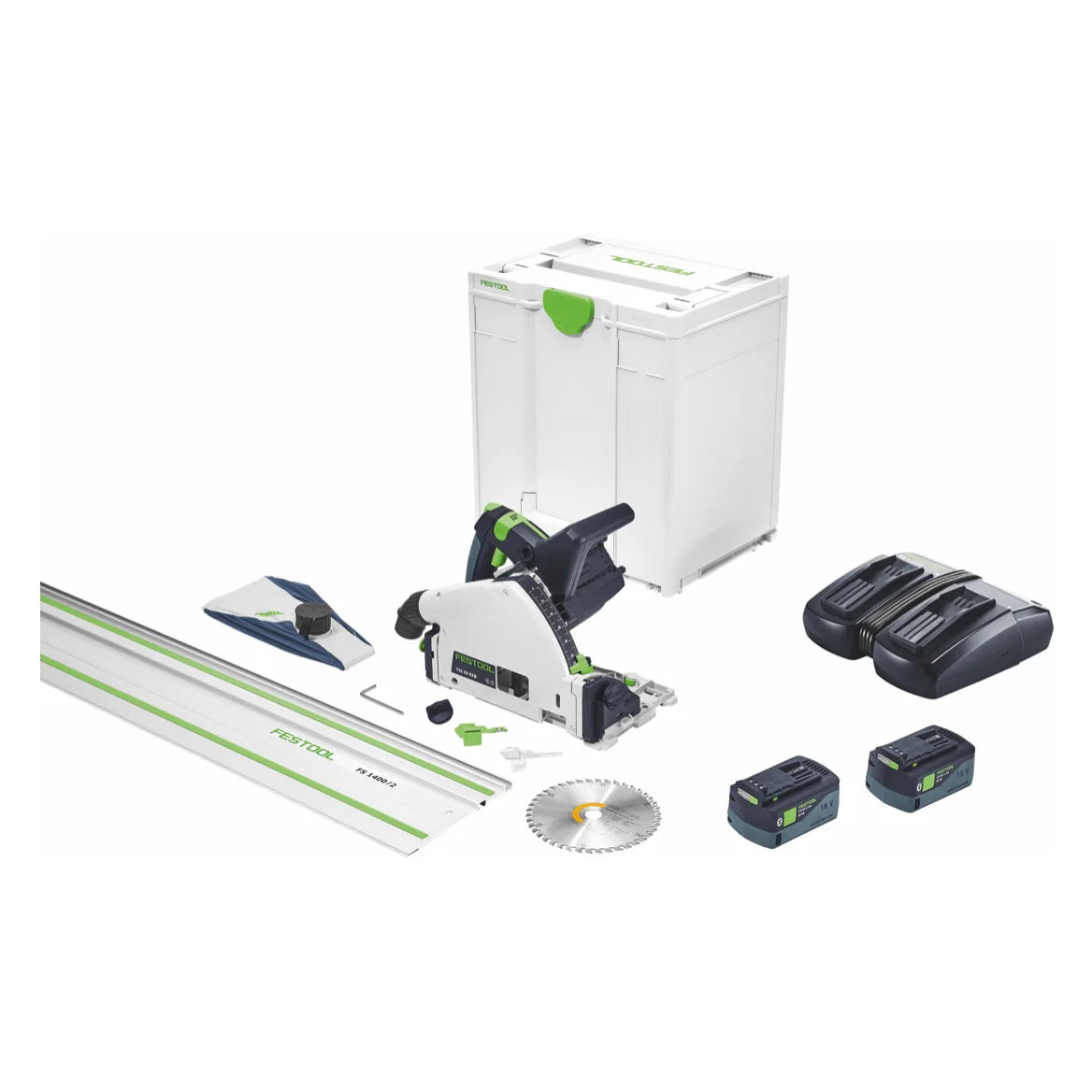 Festool TSC 55 5,0 KEBI-Plus/XL-FS Scie plongeante sans fil 18 V / 36 V ( 2x 18 V ) 160 mm ( 577391 ) Brushless + 2x batterie 5,0 Ah + chargeur double + rail de guidage + Systainer(défaut)