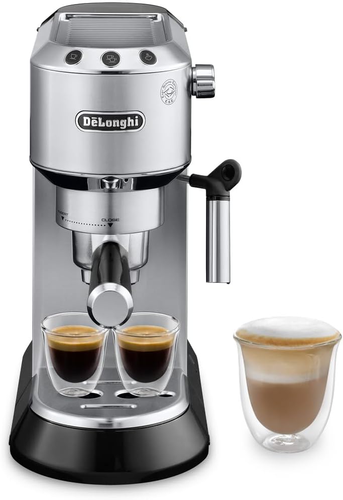 De'Longhi Dedica Espresso Machine, Coffee and Cappucino Maker with Milk Frother, Metal / Stainless, Compact Design 6 in Wide, Fit Mug Up to 5 in, EC680M(Silver)